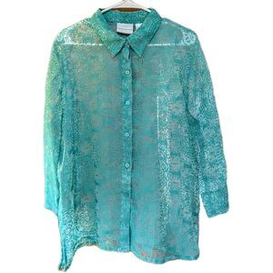 Alfred Dunner Womens 18 Semi Sheer Beachy Teal Nautical Button-Up Blouse